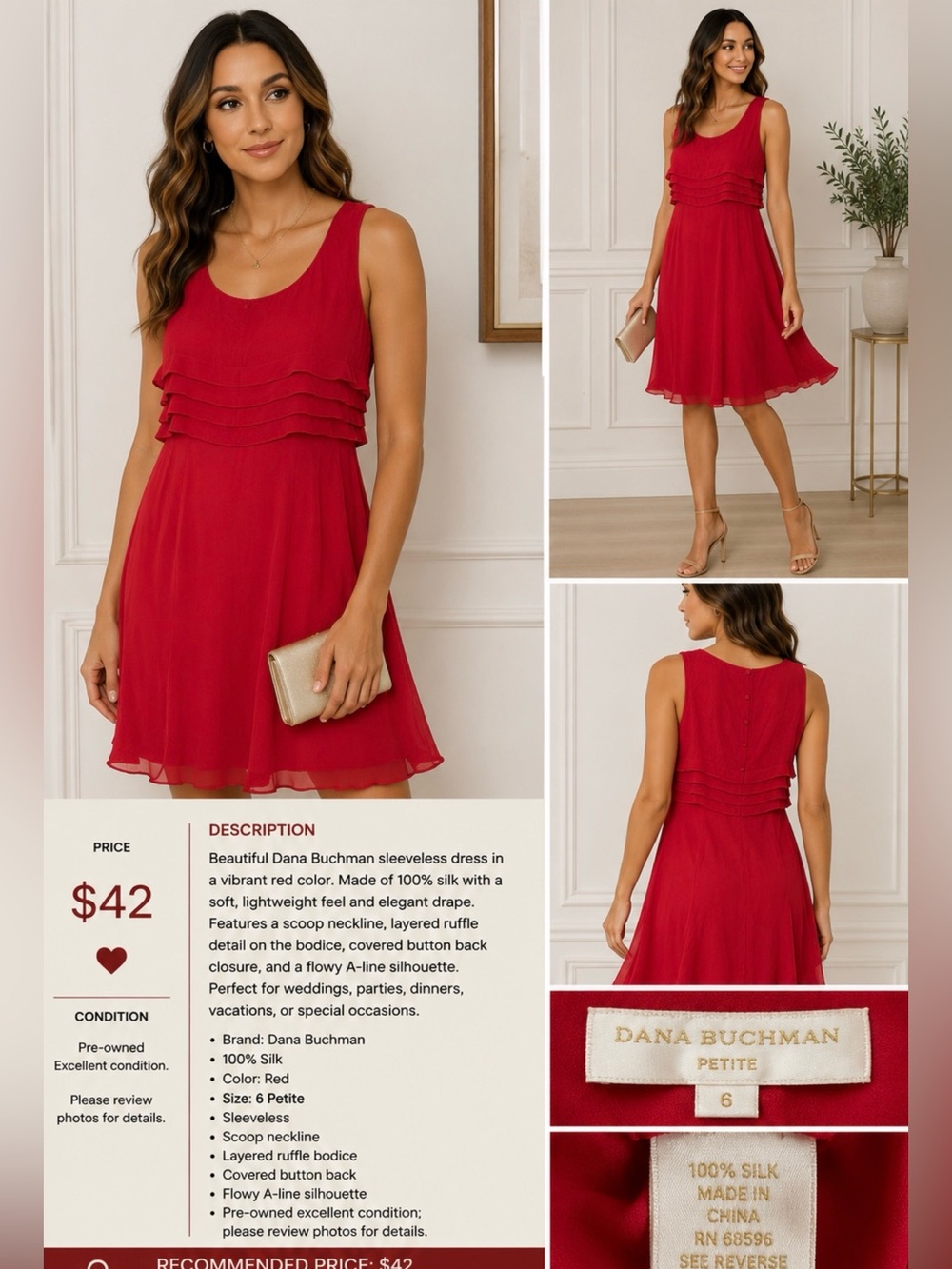 Dana Buchman 100% Silk Red Ruffle Sleeveless Dress Button Back